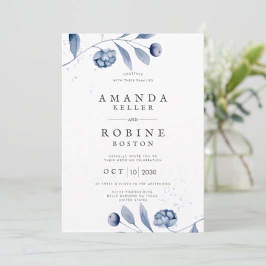 Minimalistische Blue Floral bruiloft uitnodiging (Staand voorkant)