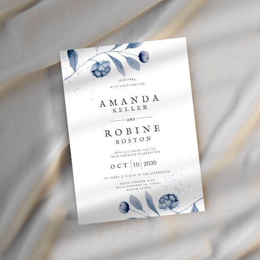 Minimalistische Blue Floral bruiloft uitnodiging