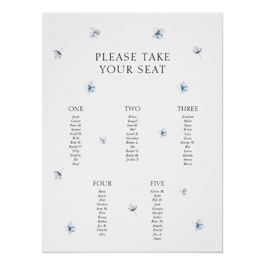 Minimalistische Blue Hydrangea Table Plan Poster (Voorkant)