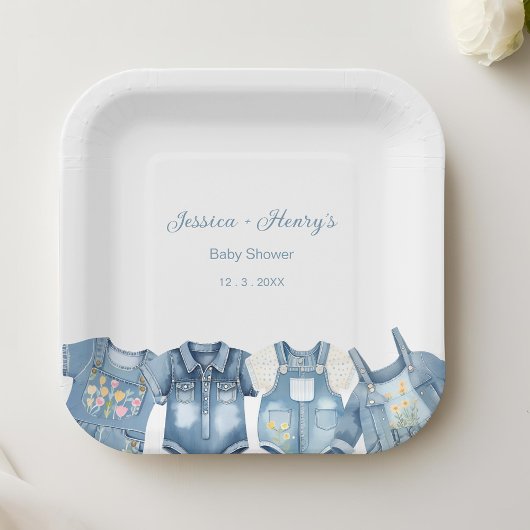 Minimalistische Blue Jean Baby shower Denim Papieren Bordje