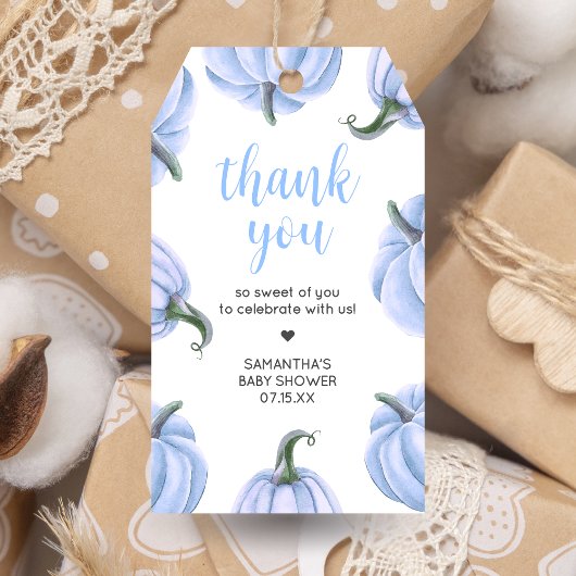 Minimalistische Blue Pumpkin Herfst Baby shower vo Cadeaulabel