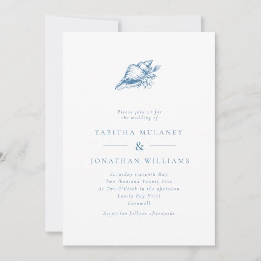 Minimalistische Blue  Seashell QR Code Wedding Kaart (Voorkant)