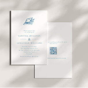 Minimalistische Blue  Seashell QR Code Wedding Kaart