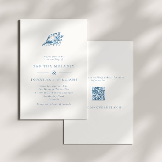 Minimalistische Blue  Seashell QR Code Wedding Kaart
