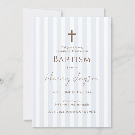Minimalistische Blue Stripe Cross doop uitnodiging (Voorkant)