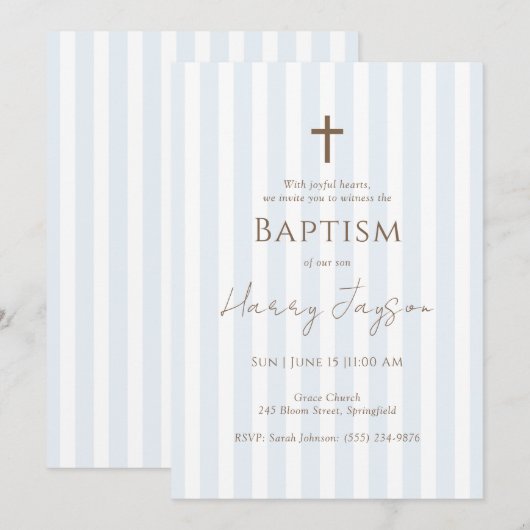 Minimalistische Blue Stripe Cross doop uitnodiging (Voorkant / Achterkant)