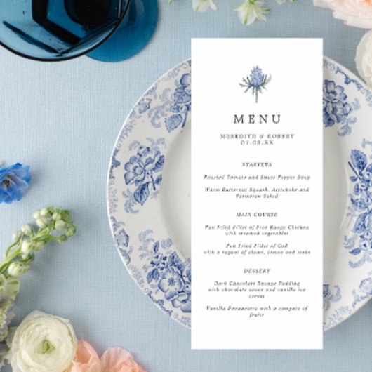 Minimalistische Blue Thistle bruiloft Menu