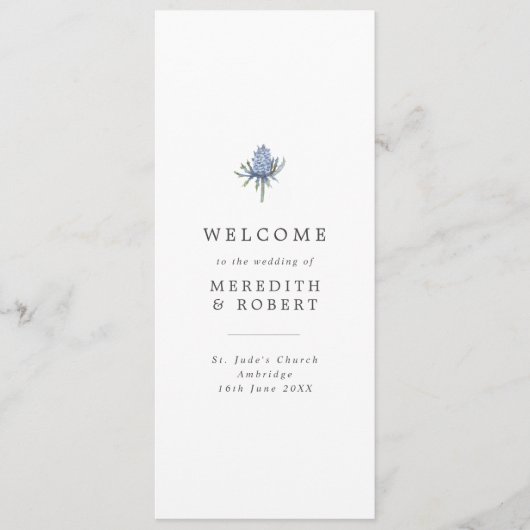 Minimalistische Blue Thistle bruiloft Programmakaart (Voorkant)