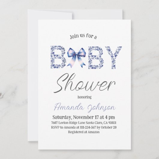 Minimalistische Blue Toile de Jouy en Bow Baby sho Kaart (Voorkant)