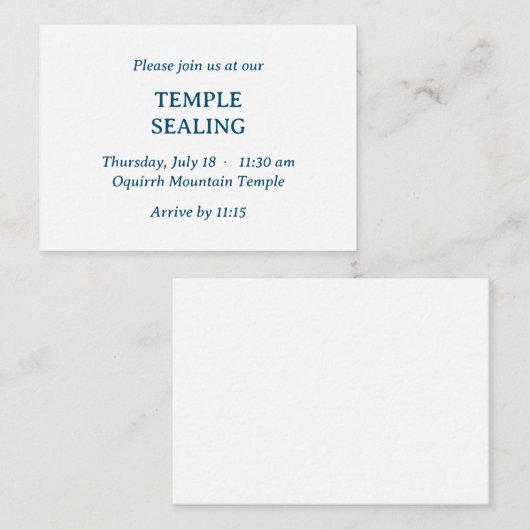 Minimalistische Blue & White Temple Sealing uitnod Informatiekaartje (Voorkant / Achterkant)