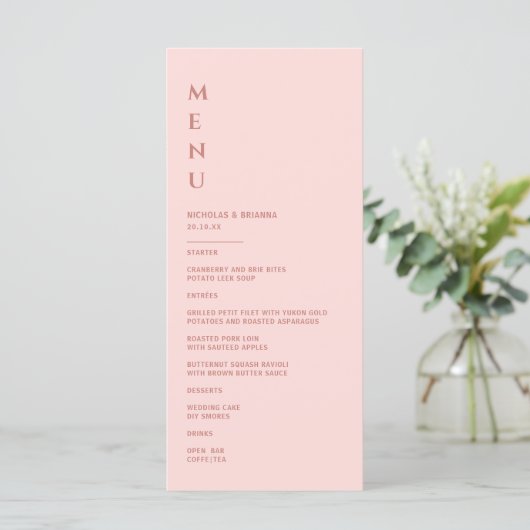 Minimalistische Blush Pink Bruiloft Menu (Staand voorkant)