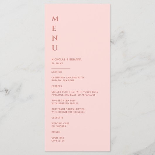 Minimalistische Blush Pink Bruiloft Menu (Voorkant)