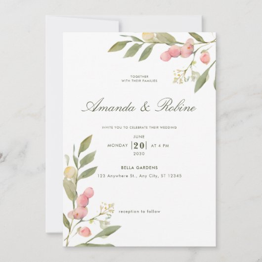 Minimalistische Blush Waterverf Bloemen Huwelijk Kaart (Voorkant)