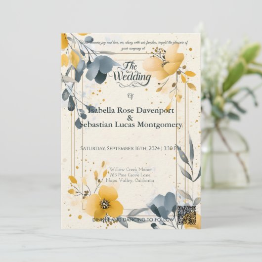 Minimalistische Boheemse Mosterd Geel & Blauw Huwe Kaart (Staand voorkant)