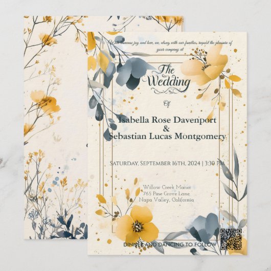 Minimalistische Boheemse Mosterd Geel & Blauw Huwe Kaart (Voorkant / Achterkant)