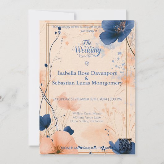 Minimalistische Boheemse Peach en Royal Blue Weddi Kaart (Voorkant)