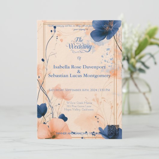 Minimalistische Boheemse Peach en Royal Blue Weddi Kaart (Staand voorkant)