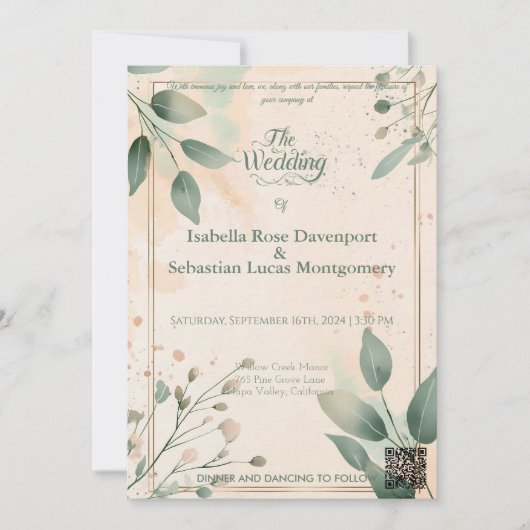 Minimalistische Boheemse Sage Green & Roos bruilof Kaart (Voorkant)