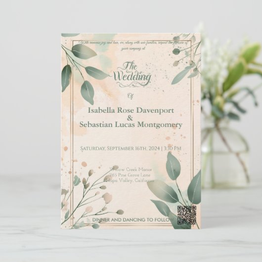 Minimalistische Boheemse Sage Green & Roos bruilof Kaart (Staand voorkant)