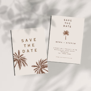 Minimalistische bohemian beige palmboom bruiloft save the date