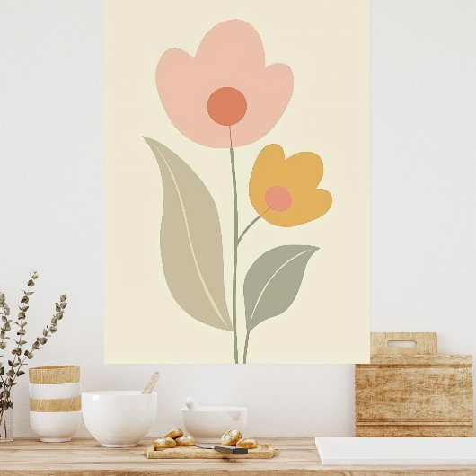 Minimalistische Boho Abstracte Bloemenkunst Poster (Keuken)
