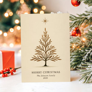 Minimalistische Boho Beige Kerstster en Boom Feestdagenkaart