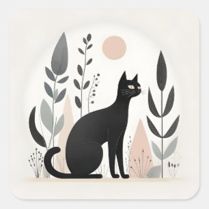 Minimalistische Boho Black Cat in een bos Planten Vierkante Sticker