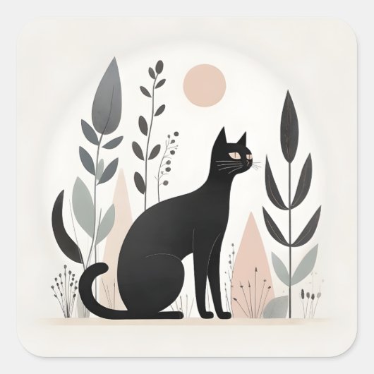 Minimalistische Boho Black Cat in een bos Planten Vierkante Sticker (Voorkant)