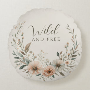Minimalistische Boho Bloemen in Ivoor en Blush Rond Kussen