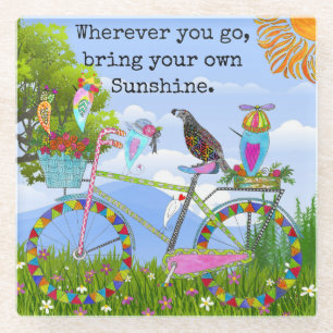 Minimalistische Boho Bloemenfiets en vogels Glazen Onderzetter