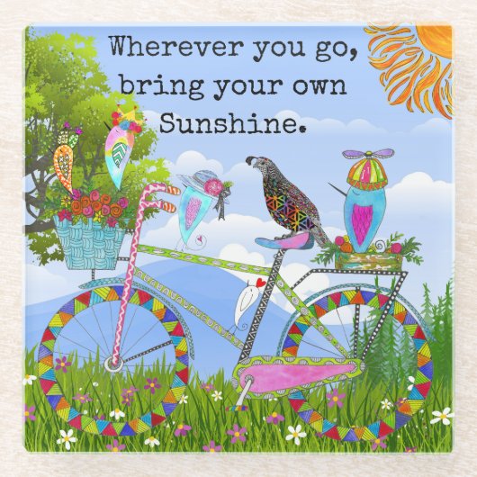 Minimalistische Boho Bloemenfiets en vogels Glazen Onderzetter (Voorkant)