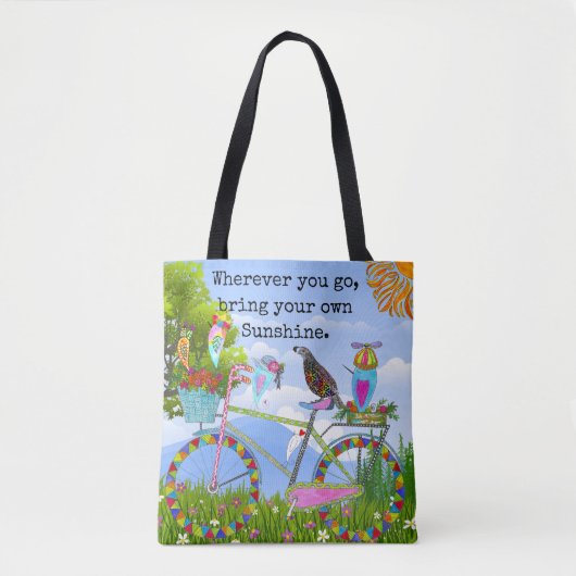 Minimalistische Boho Bloemenfiets en vogels Tote Bag (Voorkant)