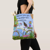 Minimalistische Boho Bloemenfiets en vogels Tote Bag (Dichtbij)