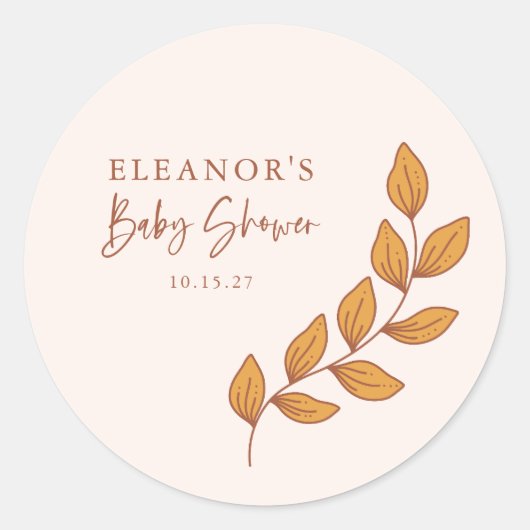 Minimalistische Boho Botanische Baby shower Custom Ronde Sticker (Voorkant)
