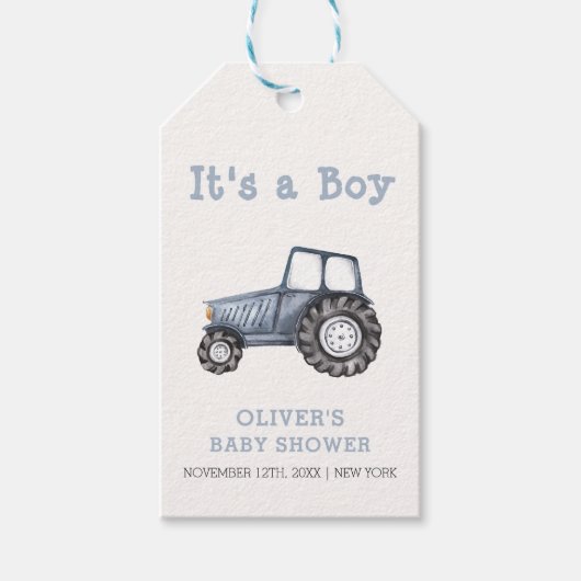 Minimalistische Boho Boy Waterverf Tractor Baby sh Cadeaulabel (Voorkant)