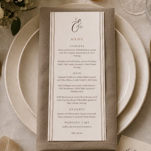 Minimalistische Boho Cacaobruine Gestreepte Trouwm Menu