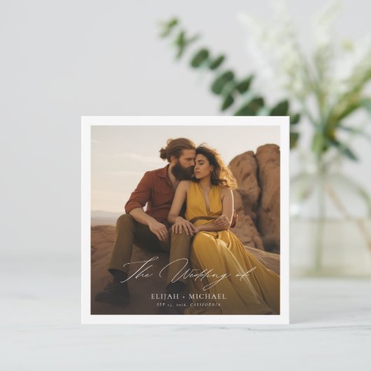 Minimalistische Boho Chic Photo Square bruiloft Kaart (Staand voorkant)
