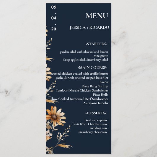 Minimalistische Boho Chic Wildflower Trouwtafel Menu (Voorkant)