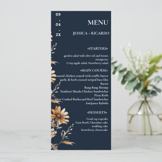 Minimalistische Boho Chic Wildflower Trouwtafel Menu (Staand voorkant)
