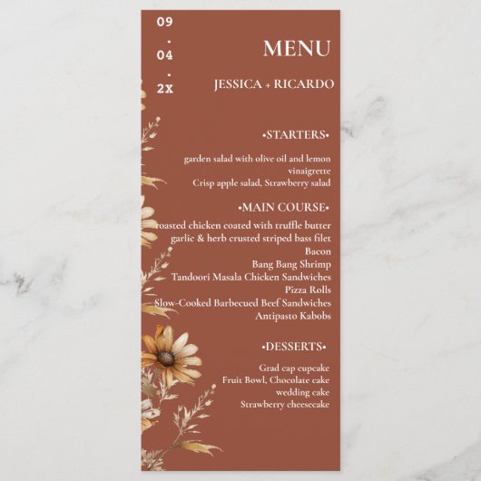 Minimalistische Boho Chic Wildflower Trouwtafel Menu (Voorkant)