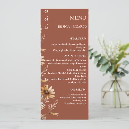 Minimalistische Boho Chic Wildflower Trouwtafel Menu (Staand voorkant)