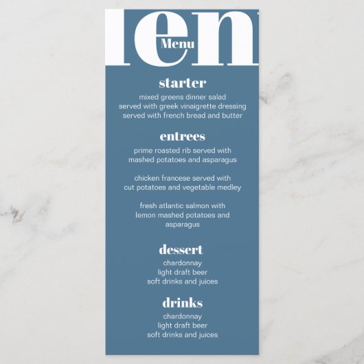 minimalistische boho chique pastel blauw bruiloft  menu (Voorkant)