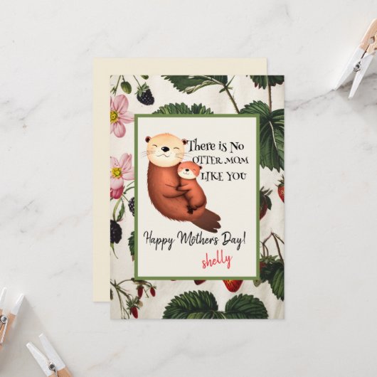 Minimalistische Boho Floral Moederdag Kaart Otter (Voorkant / Achterkant in situ)