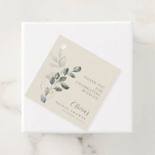 Minimalistische Boho Goud Groene Bruidsdouche Bedankjes Labels (In situ)