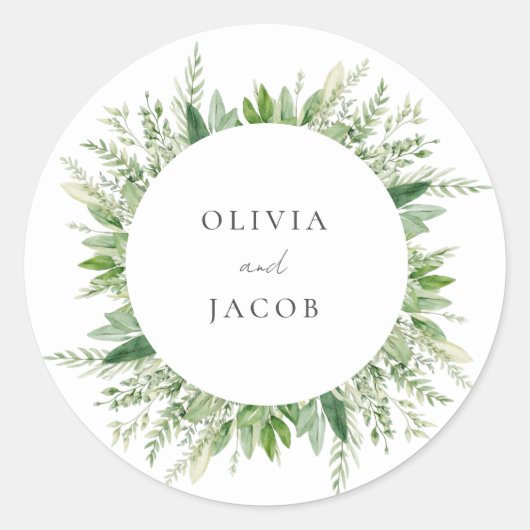 Minimalistische Boho Greenery bruiloft Ronde Sticker (Voorkant)