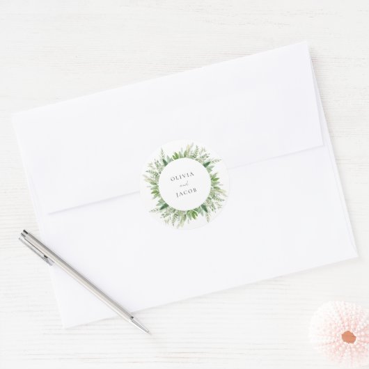 Minimalistische Boho Greenery bruiloft Ronde Sticker (Envelop)