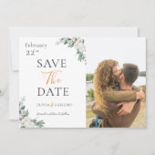 Minimalistische Boho groen witte bloemen foto Save The Date (Voorkant)