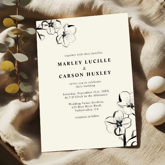 Minimalistische Boho Hand getrokken Bloemen Ivoor  Kaart