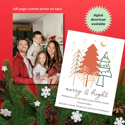 Minimalistische Boho Hand getrokken kerstbomen Fot Feestdagenkaart