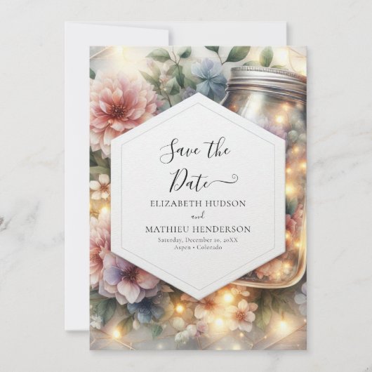 Minimalistische Boho Mason Jar bruiloft Save The Date (Voorkant)